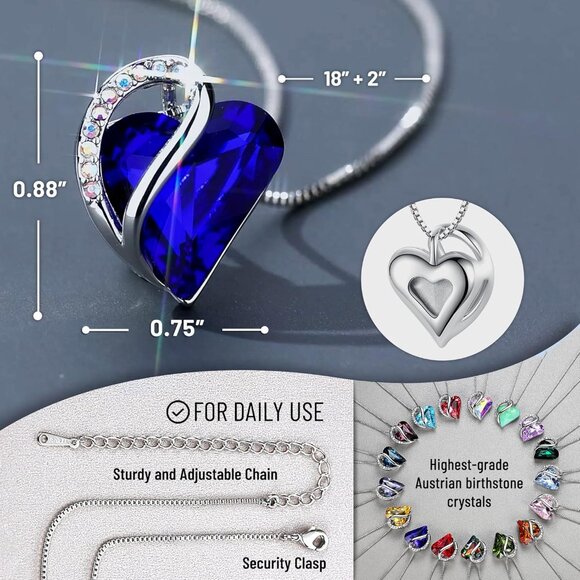 Infinity Love Birthstone Heart Pendant 9 Sapphire Blue Necklace Women Mom Silver - Picture 3 of 8